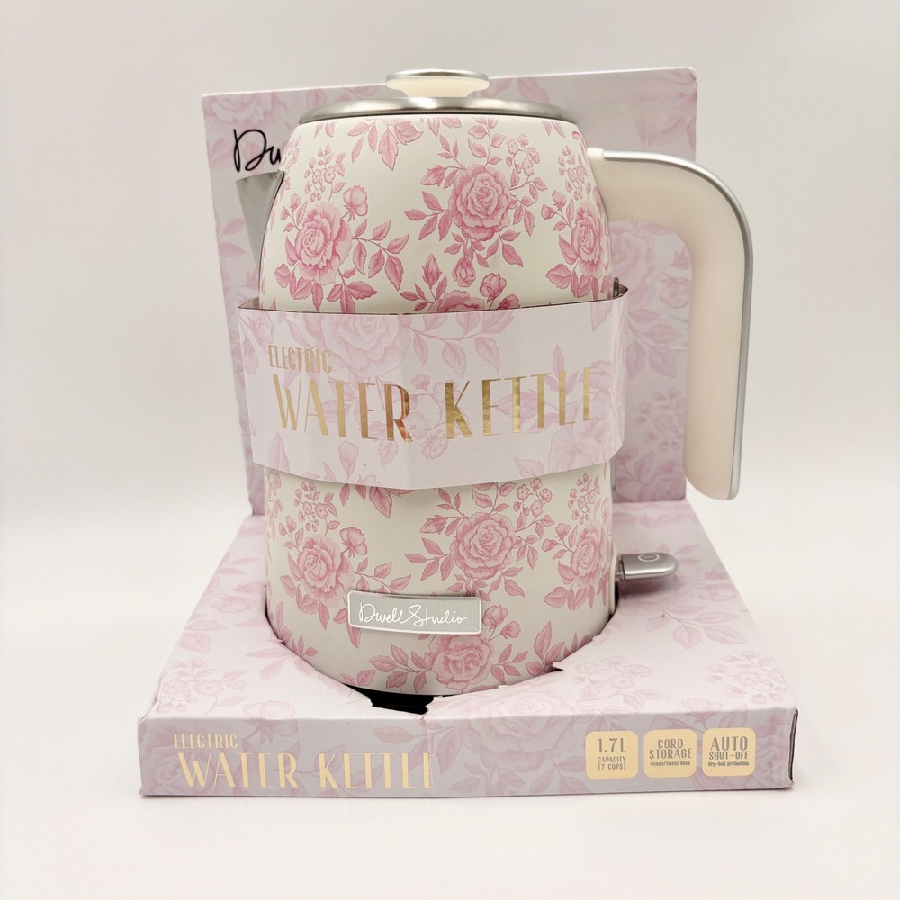 DwellStudio Electric Water Kettle 1.7L 1500W Pink Floral Rose Stainless Steel